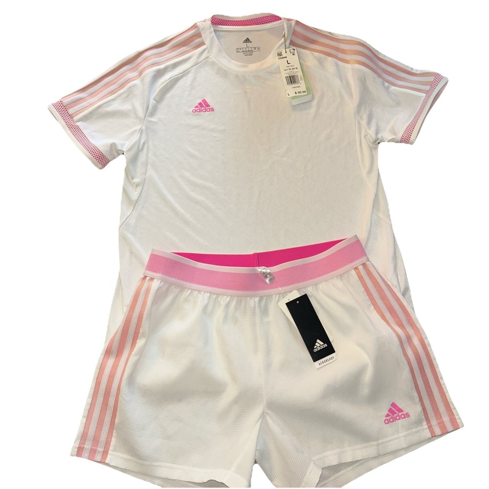NWT Adidas Athletic Shirt Shorts Set White Pink Aeroready Elastic Waist Size L